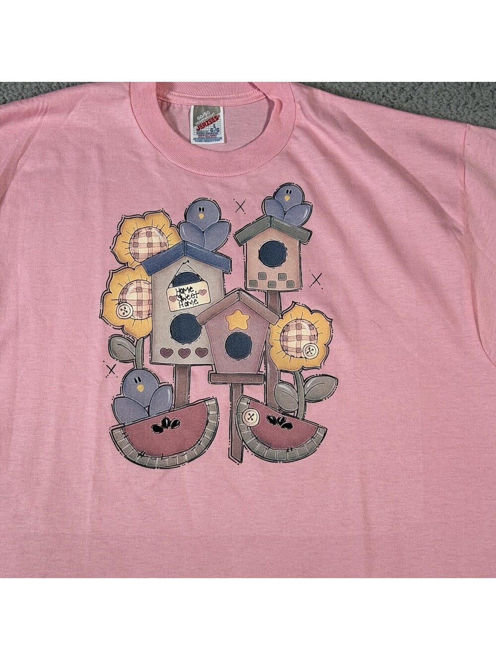 90s Vintage Jerzees Home Sweet Bird House Pink Graphic Shirt Large USA Flowers